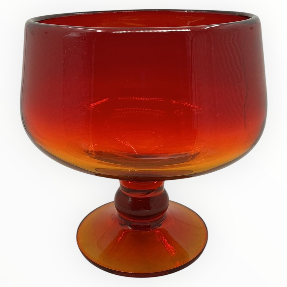 Blenko Tangerine Hand Blown Glass Footed Bowl Pedestal Compote 6.75 inches MCM - Picture 7 of 11